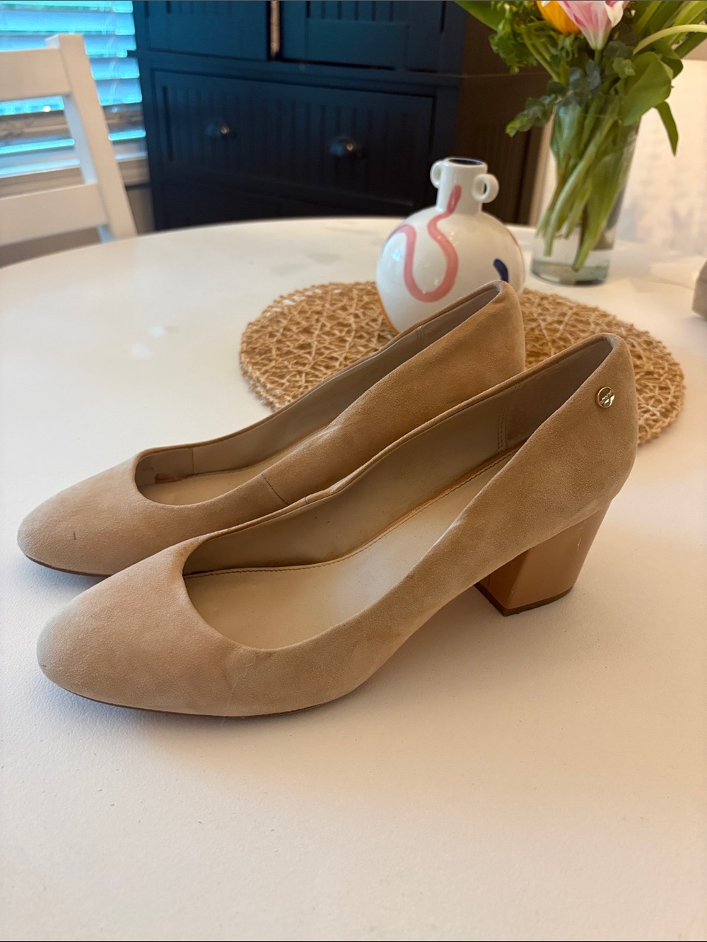 Calvin Klein Kasey Tan Suede Block Heel Pumps